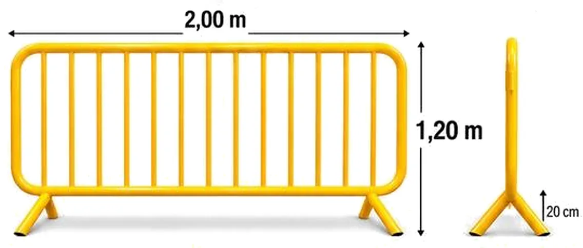 Desenho da grade amarela: de frente, 2,00 m de largura e 1,20 m de altura, e na vista lateral, pés de 20 cm de altura