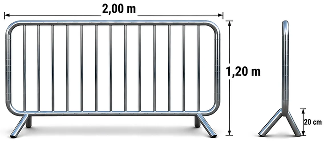 Desenho da grade galvanizada a fogo: de frente, 2,00 m de largura e 1,20 m de altura, e na vista lateral, pés de 20 cm de altura