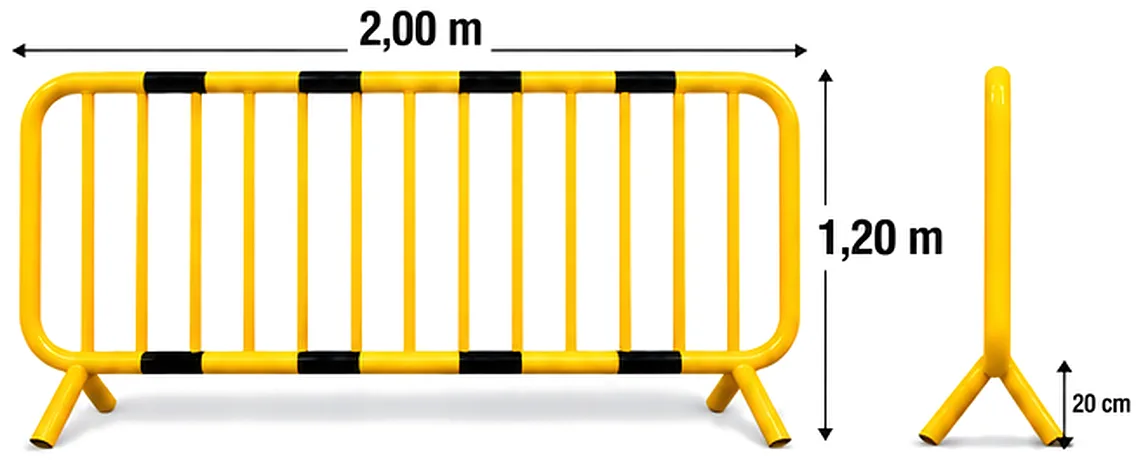 Desenho da grade tipo trânsito amarela e preta: de frente, 2,00 m de largura e 1,20 m de altura, e na vista lateral, pés de 20 cm de altura