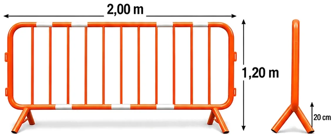 Desenho da grade tipo trânsito laranja e branca: de frente, 2,00 m de largura e 1,20 m de altura, e na vista lateral, pés de 20 cm de altura