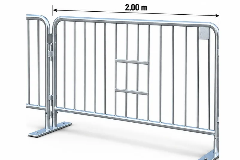 Grade tipo FIFA galvanizada, com pés em T invertido, presa a outra grade, com a cota de 2,00 m de largura